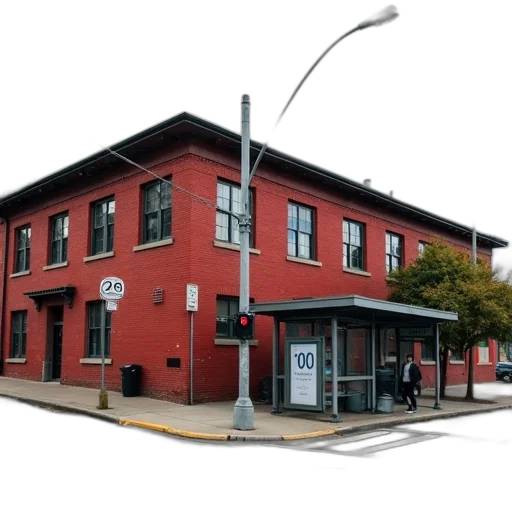 building, furniture, 3d render, photorealistic, city street, red, brick, flat transparent PNG cut-out