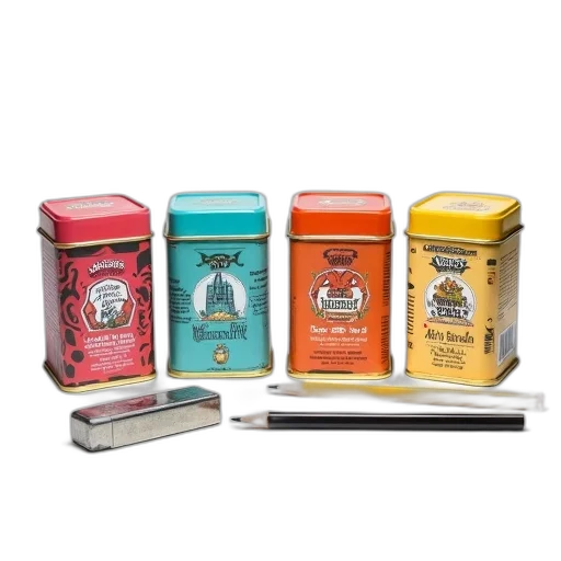 set, four, colorful, tea, tins, labels, read, mrs transparent PNG cut-out