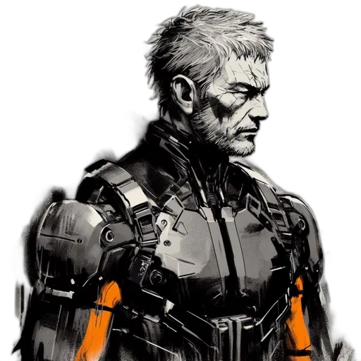 jacket, robot, face, weapon, comic book art, concept art, cyberpunk, pixel art transparent PNG cut-out