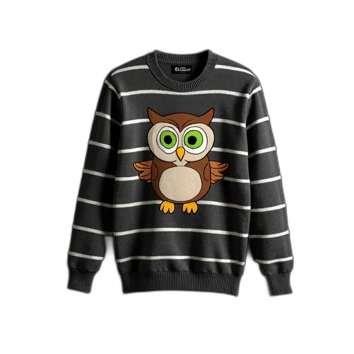 black, white, striped, sweater, cartoon, owl, design, front transparent PNG cut-out