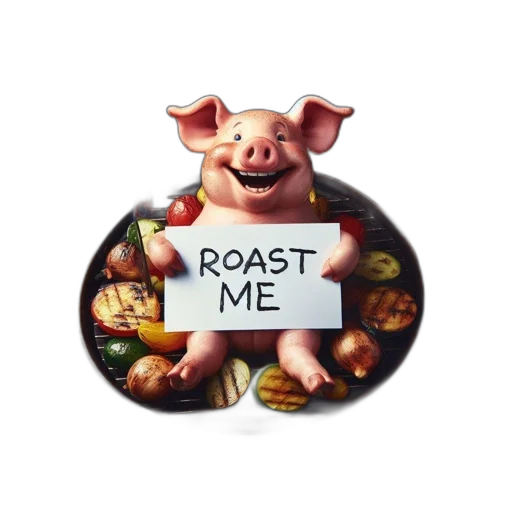 food, photorealistic, 3d render, anthropomorphic, clay, pig, sits, atop transparent PNG cut-out