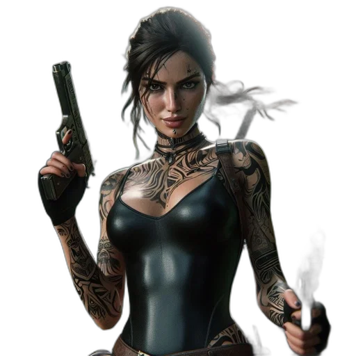 weapon, concept art, comic book art, fantasy art, photorealistic, tattooed, female, character transparent PNG cut-out