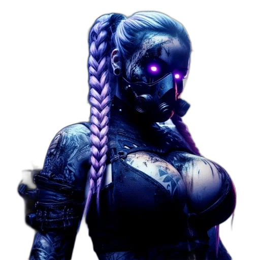 robot, mask, staff, cyberpunk, concept art, fantasy art, 3d render, blue transparent PNG cut-out