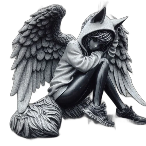 fantasy art, concept art, pixel art, photorealistic, monochrome, dark, statue, winged transparent PNG cut-out
