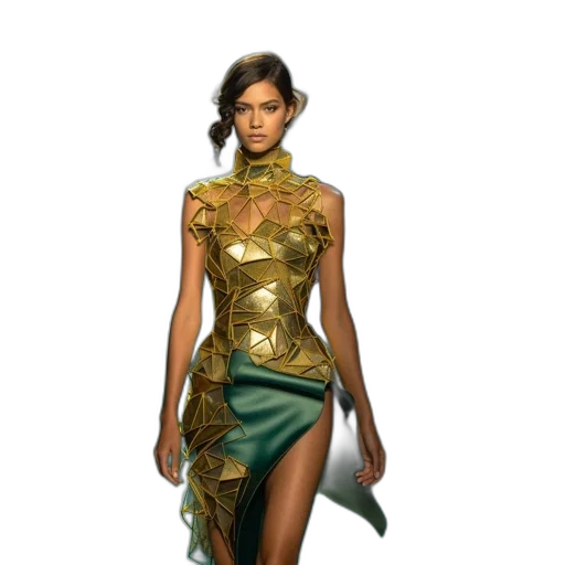 dress, fantasy art, concept art, photorealistic, earth tones, green, golden, model transparent PNG cut-out