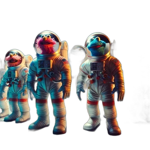 concept art, 3d render, outer space, group, sesame, street, characters, astronaut transparent PNG cut-out