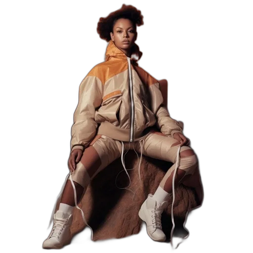 jacket, dress, photorealistic, concept art, earth tones, woman, voluminous, afro transparent PNG cut-out