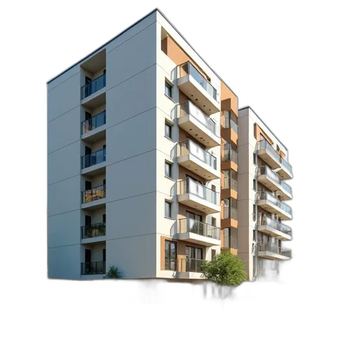 building, 3d render, photorealistic, concept art, modern, apartment, multiple, balconies transparent PNG cut-out