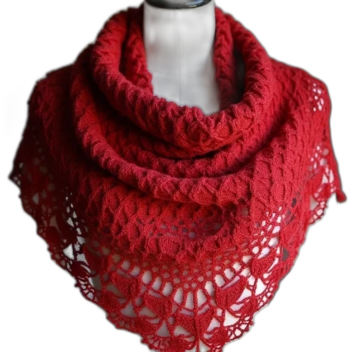 red, close-up, knitted, shawl, floral, pattern, draped, over transparent PNG cut-out