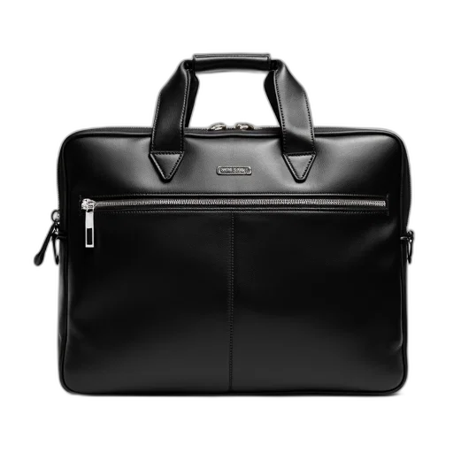 black, leather, briefcase, silver, zipper, handle, displayed, against transparent PNG cut-out