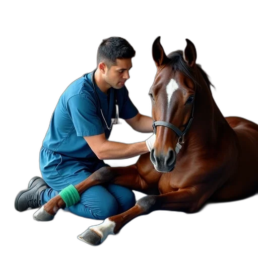 animal, staff, photorealistic, oil painting, concept art, veterinarian, examining, horse transparent PNG cut-out