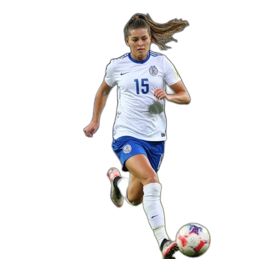 female, soccer, player, white, blue, uniform, midst, match transparent PNG cut-out