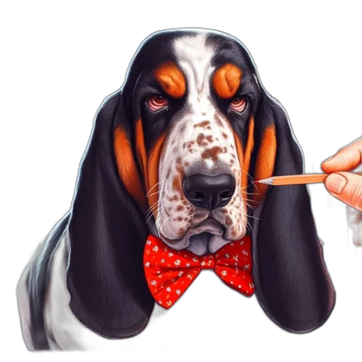 staff, photorealistic, concept art, watercolor, cartoon, basset, hound, wears transparent PNG cut-out