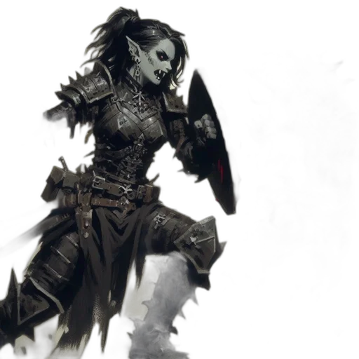 concept art, fantasy art, comic book art, photorealistic, dark, monochrome, female, warrior transparent PNG cut-out