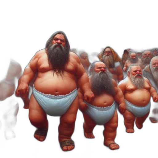 concept art, fantasy art, 3d render, group, bearded, men, white, diapers transparent PNG cut-out