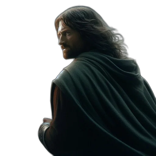 sword, photorealistic, man, long, hair, wearing, green, cloak transparent PNG cut-out