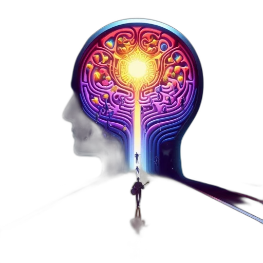 concept art, enigmatic, scene, features, giant, luminescent, head, containing transparent PNG cut-out