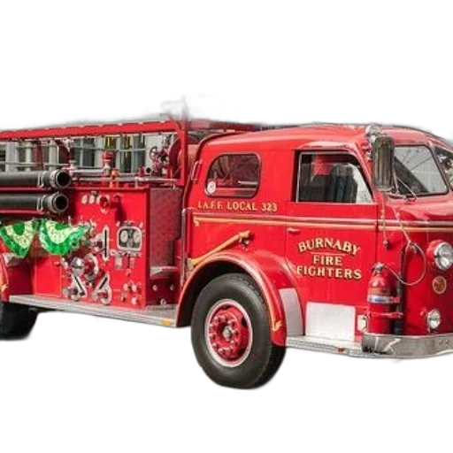 vintage, red, fire, truck, burnaby, fighters, parked, city transparent PNG cut-out