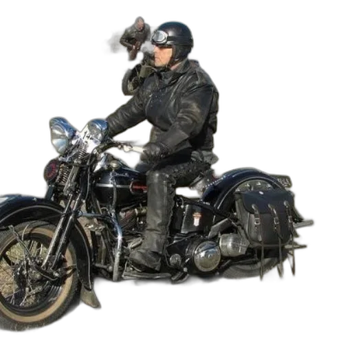 photorealistic, concept art, man, black, leather, sits, classic, motorcycle transparent PNG cut-out