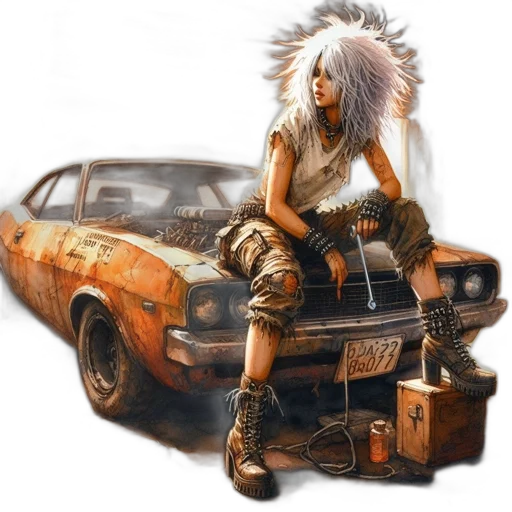 car, weapon, hair, fantasy art, concept art, photorealistic, cyberpunk, fire transparent PNG cut-out