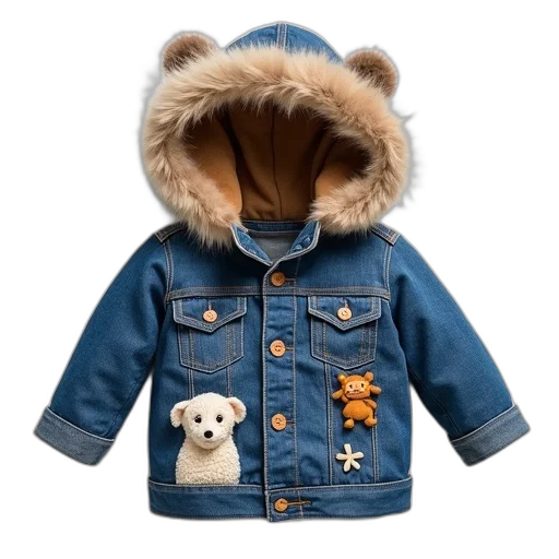 jacket, denim, infants, furry, hood, character, appliques, toy transparent PNG cut-out