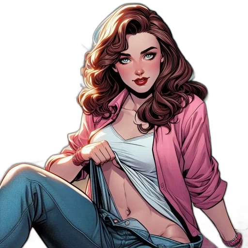 jacket, comic book art, cartoon, concept art, pixel art, woman, pink, sits transparent PNG cut-out