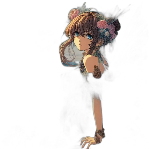 dress, staff, weapon, flower, anime, concept art, pixel art, watercolor transparent PNG cut-out