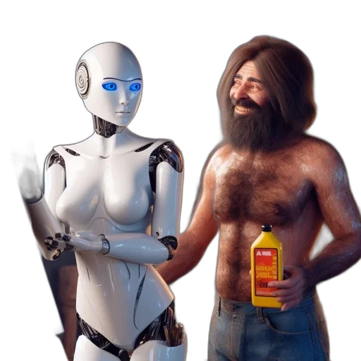 robot, concept art, cyberpunk, 3d render, old, workspace, shirtless, man transparent PNG cut-out
