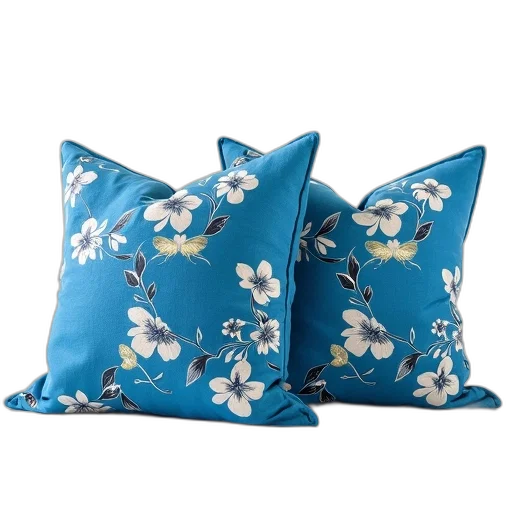furniture, blue, pair, vibrant, pillows, floral, butterfly, pattern transparent PNG cut-out