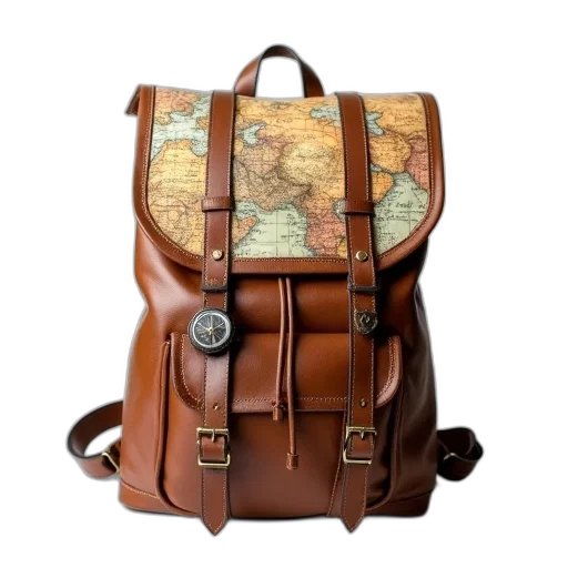 earth tones, brown, leather, backpack, detailed, map, design, backrest transparent PNG cut-out