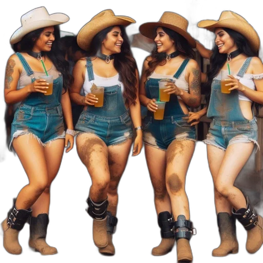 concept art, photorealistic, four, women, wearing, denim, boots, stand transparent PNG cut-out
