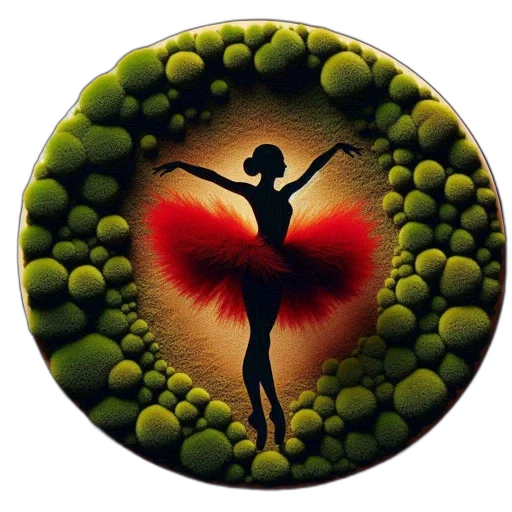 jewelry, ballerina, silhouette, stands, within, circular, mossy, frame transparent PNG cut-out