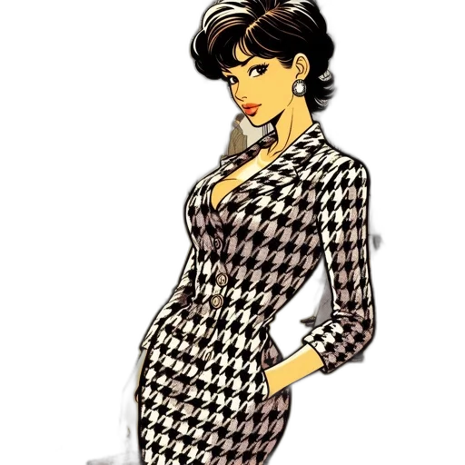 dress, cartoon, comic book art, pixel art, concept art, monochrome, woman, houndstooth transparent PNG cut-out
