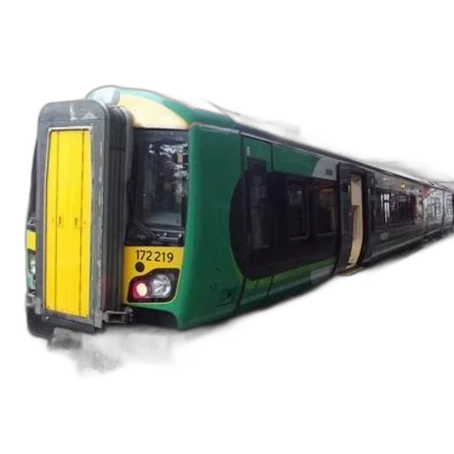 3d render, photorealistic, green, yellow, train, number, 172219, parked transparent PNG cut-out