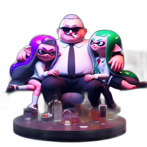 concept art, 3d render, cyberpunk, vaporwave, three, animated, characters, sit transparent PNG cut-out