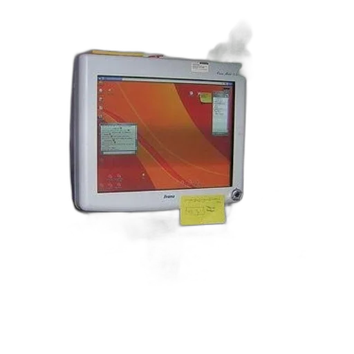 cluttered, desk, computer, monitor, displaying, orange, red, background transparent PNG cut-out