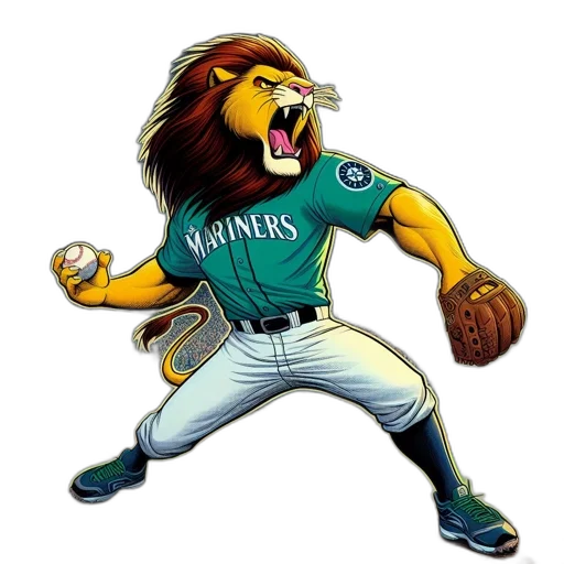animal, cartoon, lion, dressed, mariners, jersey, pitches, baseball transparent PNG cut-out