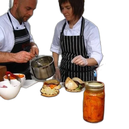 food, two, chefs, prepare, burgers, outdoor, event, jars transparent PNG cut-out
