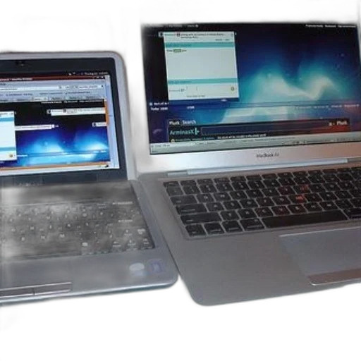 two, laptops, side, one, blue, orange, screen, other transparent PNG cut-out