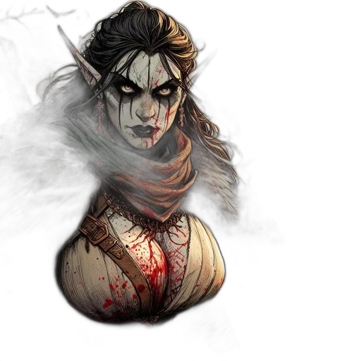 concept art, fantasy art, comic book art, watercolor, blood-stained, elf-like, female, warrior transparent PNG cut-out