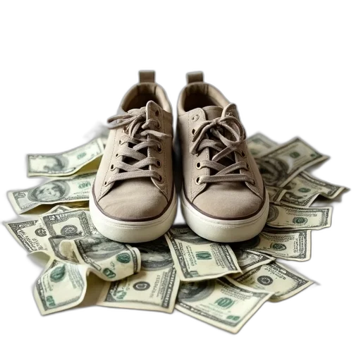 shoes, pile, crumpled, dollar, bills, scattered, around, pair transparent PNG cut-out