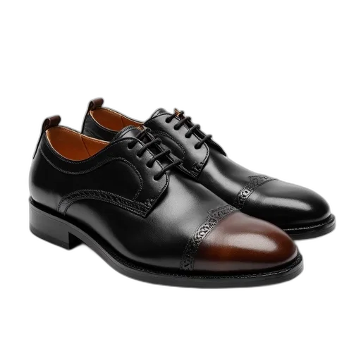 shoes, photorealistic, pair, black, leather, lace-up, front, round transparent PNG cut-out