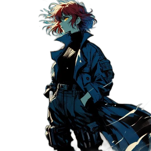jacket, staff, concept art, comic book art, cyberpunk, anime, blue, dark transparent PNG cut-out