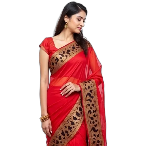 dress, red, woman, wearing, traditional, saree, gold, black transparent PNG cut-out