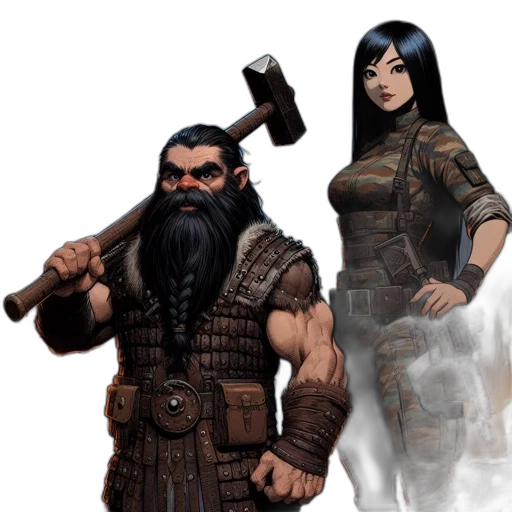 concept art, fantasy art, comic book art, 3d render, two, characters, dwarf-like, male transparent PNG cut-out