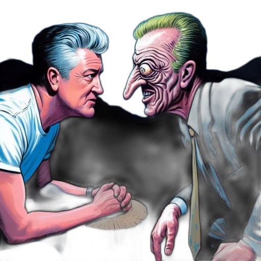 comic book art, concept art, cartoon, two, men, face, off, intensely transparent PNG cut-out
