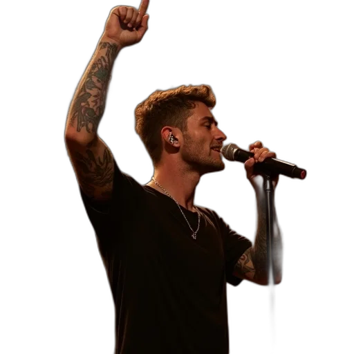 staff, person, tattoos, their, arms, singing, into, microphone transparent PNG cut-out