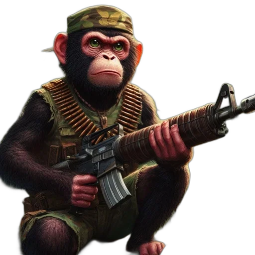 animal, weapon, concept art, 3d render, pixel art, photorealistic, chimpanzee, camo transparent PNG cut-out