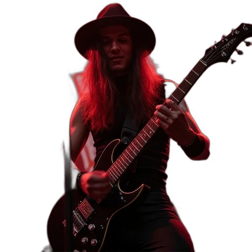 person, long, hair, playing, electric, guitar, stage, wearing transparent PNG cut-out