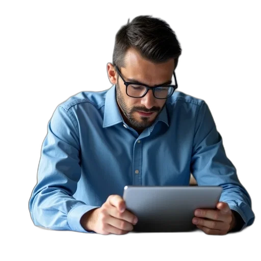 staff, face, man, sitting, desk, tablet, front, him transparent PNG cut-out